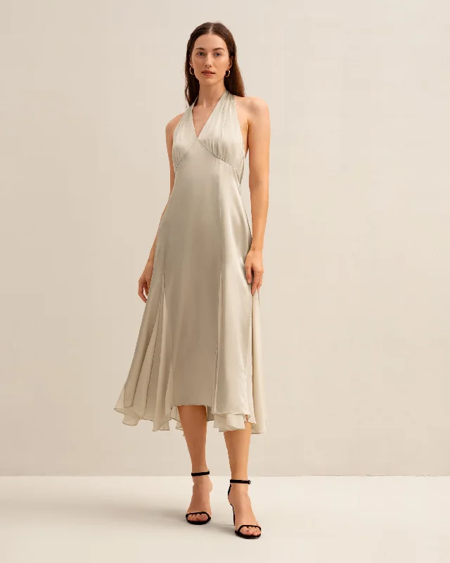 The Aster Halter Neck Silk Long Dress for Women Printed A-line Maxi
